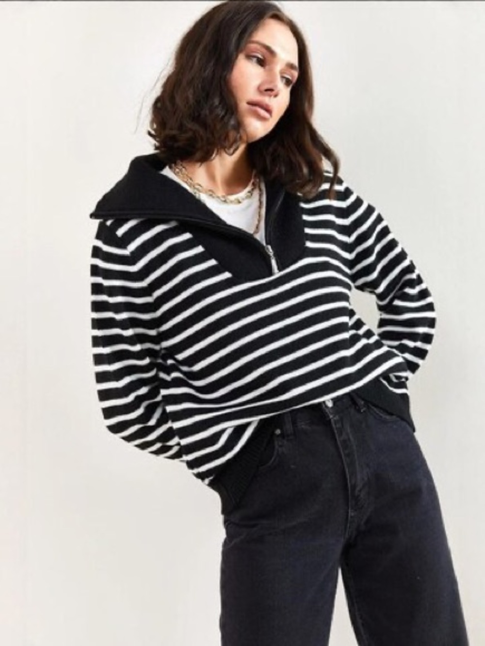 J. Crew Striped French Terry Black & White V-Neck Pullover Sweater